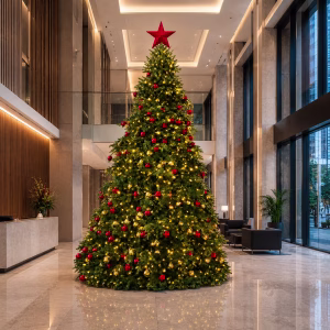 A green natural christmas tree with red and gold baubles, fairy lights and a red star ontop inside a building.