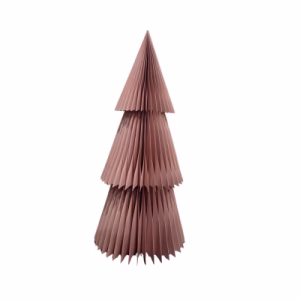 A 3- tier traditional honeycomb paper Christmas tree display in beige finish.