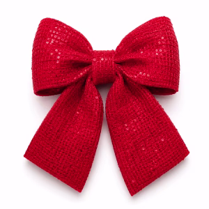 Large red sequin bow on a white background used for a custom Christmas display.