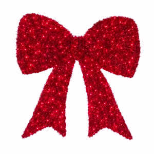 Large illuminated gold bow made out of tinsel used for a custom Christmas display in shopping centres, hotels, and community places.