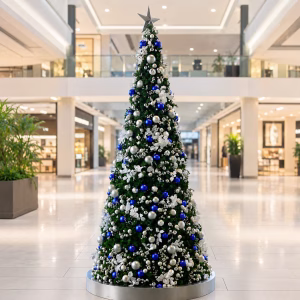A green christmas tree with blue and silver baubles, with silver leaves and silver berry picks, and a silver star on top. The christmas tree is on a silver circular platform inside a shopping centre.