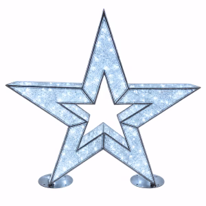 A free-standing giant silver star made of PVC mesh installed as a festive feature for custom Christmas installations.