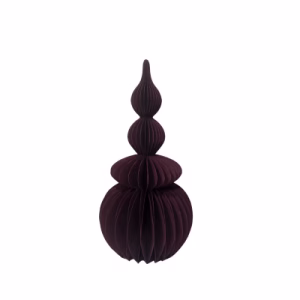 A 4-tier decorative honeycomb paper tabletop in wine colour, shaped with a pointed finial at the top, spherical tiers in the middle, and a large rounded base.