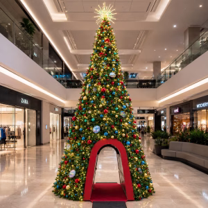 An 8 metre pre-lit Christmas tree inside a shopping centre, decorated with a mix of blue, red, and gold baubles, warm fairy lights, and a lit spiky star topper, featuring an archway that visitors can pass through.