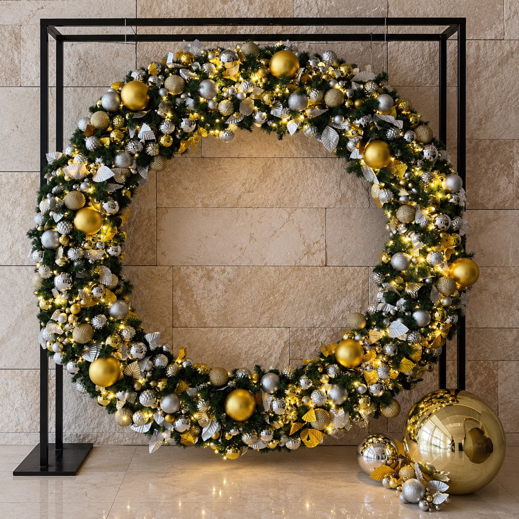 An oversized Christmas wreath adorned with silver and gold baubles and metallic leaves, suspended within a sleek black square metal frame against a textured stone wall as a grand commercial festive decor display.