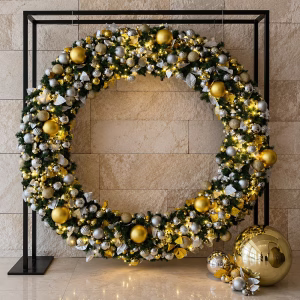 An oversized Christmas wreath adorned with silver and gold baubles and metallic leaves, suspended within a sleek black square metal frame against a textured stone wall as a grand commercial festive decor display.