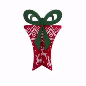 A red, white and green sloted gift in Ugly sweater pattern